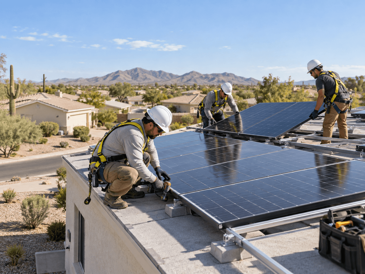 Solar installation crew working on a residential roof
